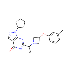 Cc1cccc(OC2CN([C@H](C)c3nc4c(cnn4C4CCCC4)c(=O)[nH]3)C2)c1 ZINC000116981306