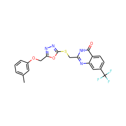 Cc1cccc(OCc2nnc(SCc3nc4cc(C(F)(F)F)ccc4c(=O)[nH]3)o2)c1 ZINC000008673096