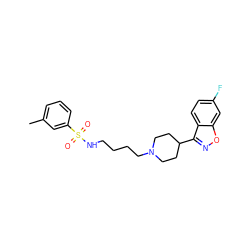 Cc1cccc(S(=O)(=O)NCCCCN2CCC(c3noc4cc(F)ccc34)CC2)c1 ZINC000114603609