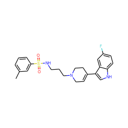 Cc1cccc(S(=O)(=O)NCCCN2CC=C(c3c[nH]c4ccc(F)cc34)CC2)c1 ZINC001772625229