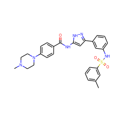 Cc1cccc(S(=O)(=O)Nc2cccc(-c3cc(NC(=O)c4ccc(N5CCN(C)CC5)cc4)[nH]n3)c2)c1 ZINC000072178155