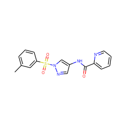 Cc1cccc(S(=O)(=O)n2cc(NC(=O)c3ccccn3)cn2)c1 ZINC000198761456