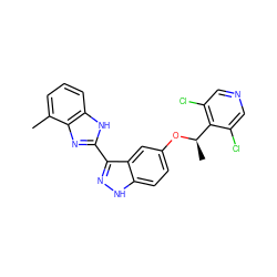 Cc1cccc2[nH]c(-c3n[nH]c4ccc(O[C@H](C)c5c(Cl)cncc5Cl)cc34)nc12 ZINC000653829483