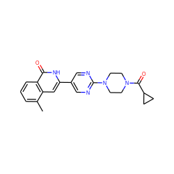 Cc1cccc2c(=O)[nH]c(-c3cnc(N4CCN(C(=O)C5CC5)CC4)nc3)cc12 ZINC000147362704