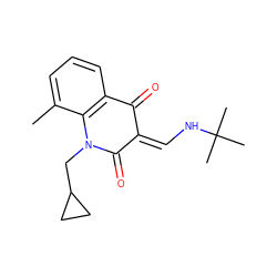 Cc1cccc2c1N(CC1CC1)C(=O)/C(=C/NC(C)(C)C)C2=O ZINC000473105533