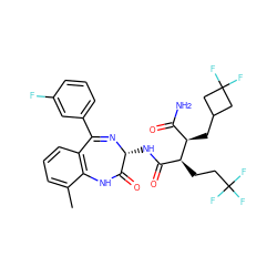 Cc1cccc2c1NC(=O)[C@@H](NC(=O)[C@H](CCC(F)(F)F)[C@H](CC1CC(F)(F)C1)C(N)=O)N=C2c1cccc(F)c1 ZINC000222408261