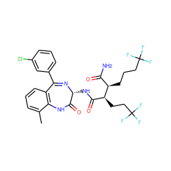 Cc1cccc2c1NC(=O)[C@@H](NC(=O)[C@H](CCC(F)(F)F)[C@H](CCCC(F)(F)F)C(N)=O)N=C2c1cccc(Cl)c1 ZINC000210722729