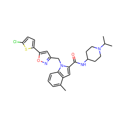 Cc1cccc2c1cc(C(=O)NC1CCN(C(C)C)CC1)n2Cc1cc(-c2ccc(Cl)s2)on1 ZINC000013646530