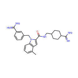 Cc1cccc2c1cc(C(=O)NCC1CCC(C(=N)N)CC1)n2Cc1cccc(C(=N)N)c1 ZINC000003831873