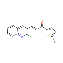 Cc1cccc2cc(/C=C/C(=O)c3ccc(Br)s3)c(Cl)nc12 ZINC000073224763