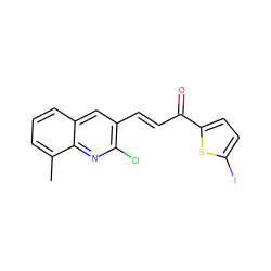 Cc1cccc2cc(/C=C/C(=O)c3ccc(I)s3)c(Cl)nc12 ZINC000073224394