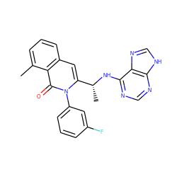 Cc1cccc2cc([C@@H](C)Nc3ncnc4[nH]cnc34)n(-c3cccc(F)c3)c(=O)c12 ZINC000088345887