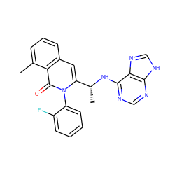 Cc1cccc2cc([C@@H](C)Nc3ncnc4[nH]cnc34)n(-c3ccccc3F)c(=O)c12 ZINC000088345863