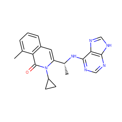 Cc1cccc2cc([C@@H](C)Nc3ncnc4[nH]cnc34)n(C3CC3)c(=O)c12 ZINC000088345610