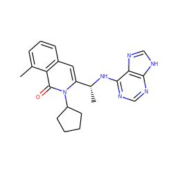 Cc1cccc2cc([C@@H](C)Nc3ncnc4[nH]cnc34)n(C3CCCC3)c(=O)c12 ZINC000088345852