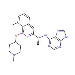 Cc1cccc2cc([C@@H](C)Nc3ncnc4[nH]cnc34)nc(OC3CCN(C)CC3)c12 ZINC000095564438