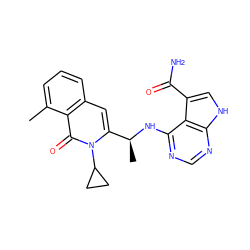 Cc1cccc2cc([C@H](C)Nc3ncnc4[nH]cc(C(N)=O)c34)n(C3CC3)c(=O)c12 ZINC000088346176