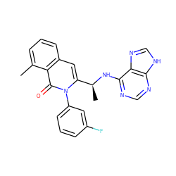 Cc1cccc2cc([C@H](C)Nc3ncnc4[nH]cnc34)n(-c3cccc(F)c3)c(=O)c12 ZINC000088345888