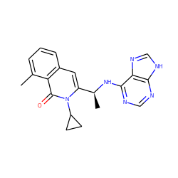 Cc1cccc2cc([C@H](C)Nc3ncnc4[nH]cnc34)n(C3CC3)c(=O)c12 ZINC000088345611