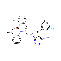 Cc1cccc2cc(Cn3nc(-c4cc(O)cc(F)c4)c4c(N)ncnc43)n(-c3ccccc3C(C)C)c(=O)c12 ZINC000088345724