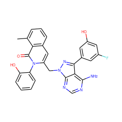 Cc1cccc2cc(Cn3nc(-c4cc(O)cc(F)c4)c4c(N)ncnc43)n(-c3ccccc3O)c(=O)c12 ZINC000088346096