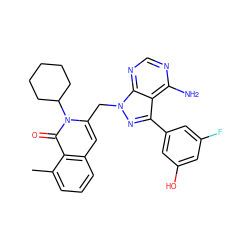 Cc1cccc2cc(Cn3nc(-c4cc(O)cc(F)c4)c4c(N)ncnc43)n(C3CCCCC3)c(=O)c12 ZINC000088345982