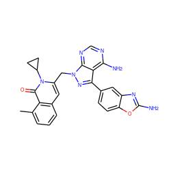 Cc1cccc2cc(Cn3nc(-c4ccc5oc(N)nc5c4)c4c(N)ncnc43)n(C3CC3)c(=O)c12 ZINC000088345740