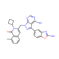 Cc1cccc2cc(Cn3nc(-c4ccc5oc(N)nc5c4)c4c(N)ncnc43)n(C3CCC3)c(=O)c12 ZINC000088345956