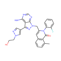 Cc1cccc2cc(Cn3nc(-c4cnn(CCO)c4)c4c(N)ncnc43)n(-c3ccccc3F)c(=O)c12 ZINC000088346073