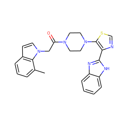 Cc1cccc2ccn(CC(=O)N3CCN(c4scnc4-c4nc5ccccc5[nH]4)CC3)c12 ZINC000143695807