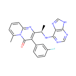 Cc1cccc2nc([C@@H](C)Nc3ncnc4[nH]cnc34)c(-c3cccc(F)c3)c(=O)n12 ZINC000114790145