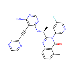 Cc1cccc2nc([C@H](C)Nc3ncnc(N)c3C#Cc3cnccn3)n(-c3cncc(F)c3)c(=O)c12 ZINC000219074581