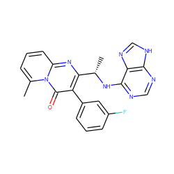 Cc1cccc2nc([C@H](C)Nc3ncnc4[nH]cnc34)c(-c3cccc(F)c3)c(=O)n12 ZINC000114790146