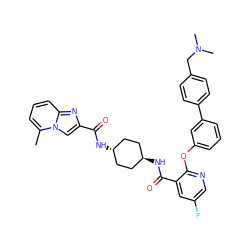 Cc1cccc2nc(C(=O)N[C@H]3CC[C@H](NC(=O)c4cc(F)cnc4Oc4cccc(-c5ccc(CN(C)C)cc5)c4)CC3)cn12 ZINC000139484703