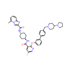 Cc1cccc2nc(C(=O)N[C@H]3CC[C@H](NC(=O)c4cc(F)cnc4Oc4cccc(-c5ccc(CN6CCC(N7CCCC7)CC6)cc5)c4)CC3)cn12 ZINC000167218761