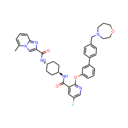 Cc1cccc2nc(C(=O)N[C@H]3CC[C@H](NC(=O)c4cc(F)cnc4Oc4cccc(-c5ccc(CN6CCCOCC6)cc5)c4)CC3)cn12 ZINC000167575712