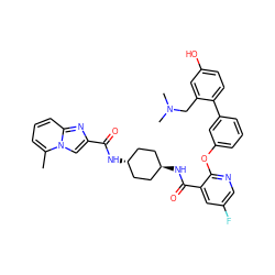 Cc1cccc2nc(C(=O)N[C@H]3CC[C@H](NC(=O)c4cc(F)cnc4Oc4cccc(-c5ccc(O)cc5CN(C)C)c4)CC3)cn12 ZINC000168013613