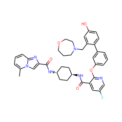 Cc1cccc2nc(C(=O)N[C@H]3CC[C@H](NC(=O)c4cc(F)cnc4Oc4cccc(-c5ccc(O)cc5CN5CCCOCC5)c4)CC3)cn12 ZINC000166567958