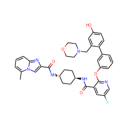 Cc1cccc2nc(C(=O)N[C@H]3CC[C@H](NC(=O)c4cc(F)cnc4Oc4cccc(-c5ccc(O)cc5CN5CCOCC5)c4)CC3)cn12 ZINC000167446806