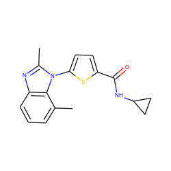 Cc1cccc2nc(C)n(-c3ccc(C(=O)NC4CC4)s3)c12 ZINC000084633369