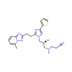 Cc1cccc2nc(CCc3nc(-c4cccs4)cn3C[C@@H](O)CN(C)CCC#N)nn12 ZINC000117860604