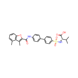 Cc1cccc2oc(C(=O)Nc3ccc(-c4ccc(S(=O)(=O)N[C@H](C(=O)O)C(C)C)cc4)cc3)c(C)c12 ZINC000043016576