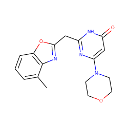 Cc1cccc2oc(Cc3nc(N4CCOCC4)cc(=O)[nH]3)nc12 ZINC000084758370