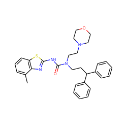 Cc1cccc2sc(NC(=O)N(CCC(c3ccccc3)c3ccccc3)CCN3CCOCC3)nc12 ZINC000096258269