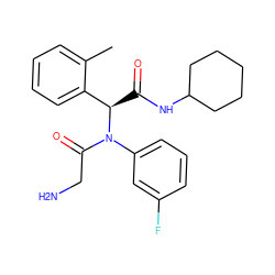 Cc1ccccc1[C@@H](C(=O)NC1CCCCC1)N(C(=O)CN)c1cccc(F)c1 ZINC000095576381