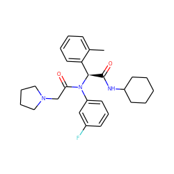 Cc1ccccc1[C@@H](C(=O)NC1CCCCC1)N(C(=O)CN1CCCC1)c1cccc(F)c1 ZINC000095578547