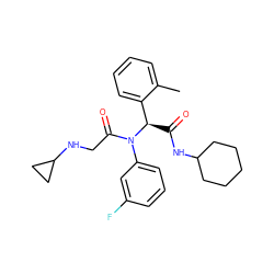 Cc1ccccc1[C@@H](C(=O)NC1CCCCC1)N(C(=O)CNC1CC1)c1cccc(F)c1 ZINC000095572213