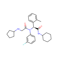 Cc1ccccc1[C@@H](C(=O)NC1CCCCC1)N(C(=O)CNC1CCCC1)c1cccc(F)c1 ZINC000095572881