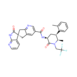 Cc1ccccc1[C@@H]1C[C@H](NC(=O)c2cnc3c(c2)C[C@@]2(C3)C(=O)Nc3ncccc32)C(=O)N(CC(F)(F)F)[C@@H]1C ZINC000166650490