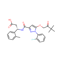 Cc1ccccc1[C@H](CC(=O)O)NC(=O)c1cc(OCC(=O)C(C)(C)C)n(-c2ccccc2F)n1 ZINC000095555118